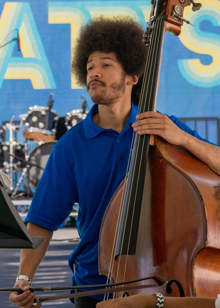 Man playing bowed double bass wearing blue shirt and afro